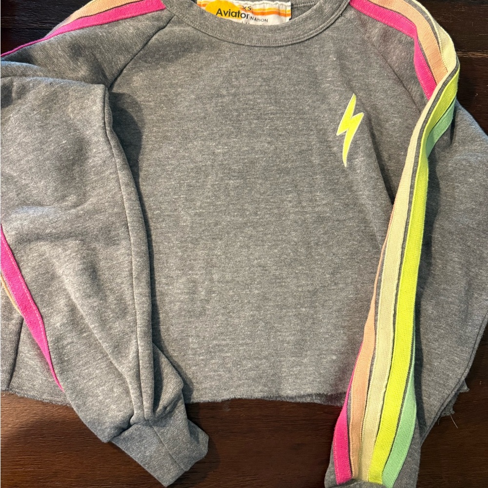 Aviator Nation Heather Gray Sweatshirt with Vibrant Stripes